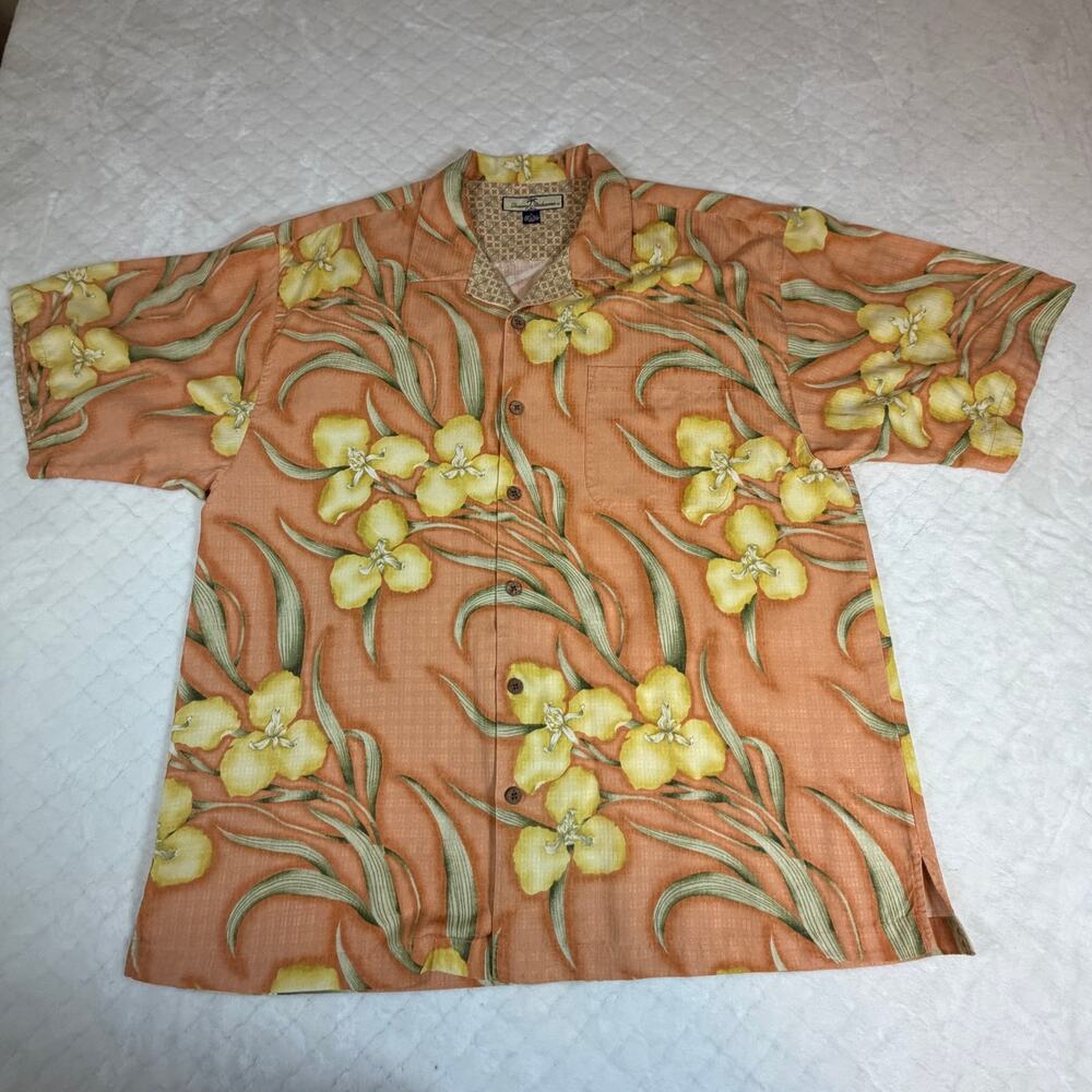 Tommy Bahama 100% silk button camp shirt Orange Flower Print Men’s Sz XL